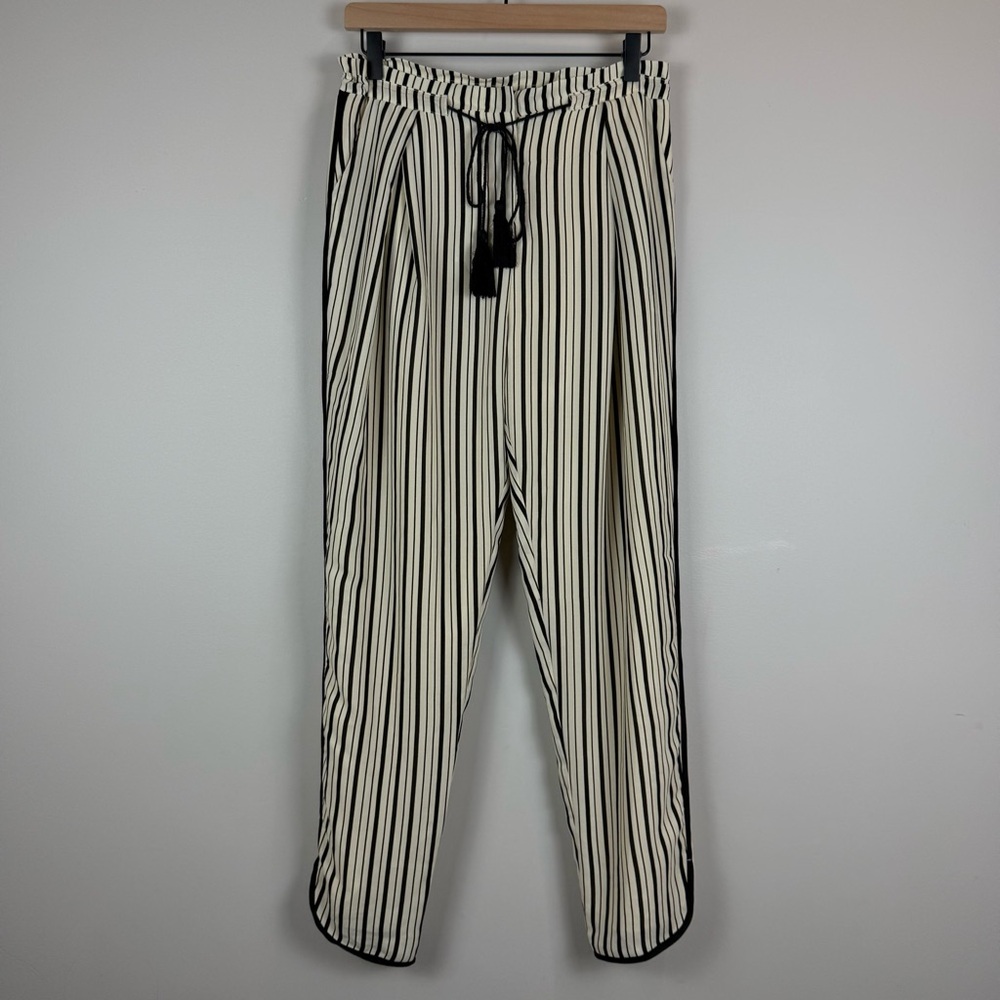 Greylin Anthropologie Pants Women Medium Ivory Black Striped Tassel Tie Straight